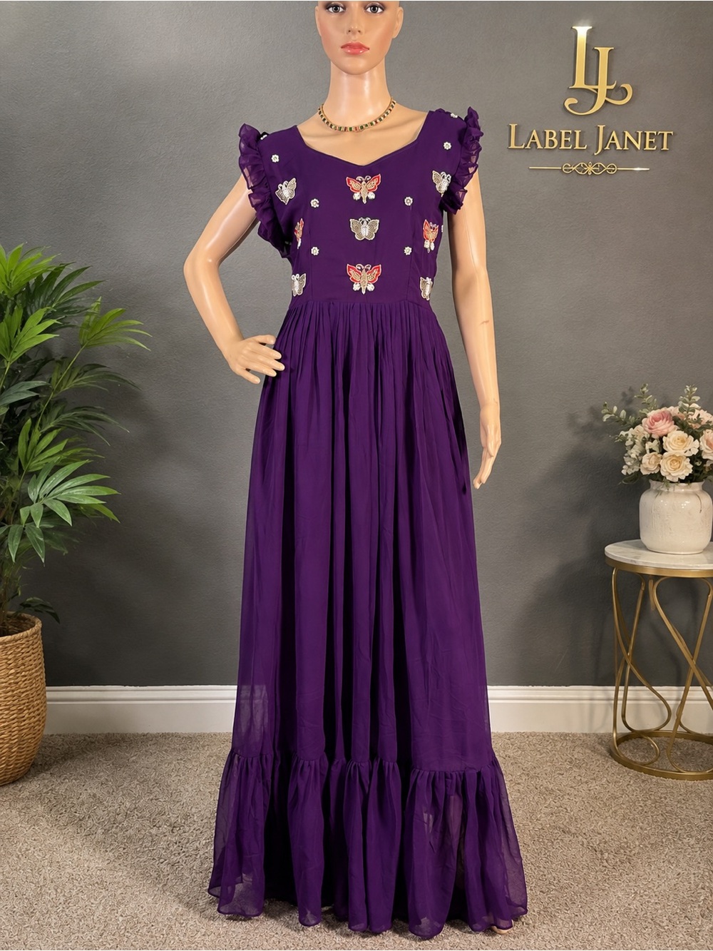Brand new,Purple Embroidered Butterfly Maxi Dress for women,Bust - L(40”)